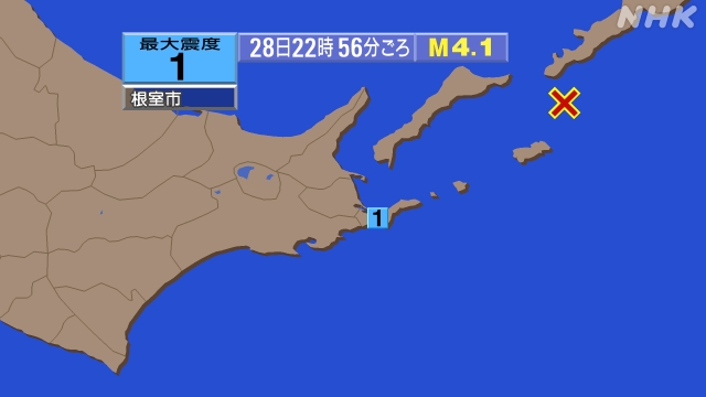22時56分ごろ、Ｍ４．１　択捉島付近 北緯44.2度　東経14