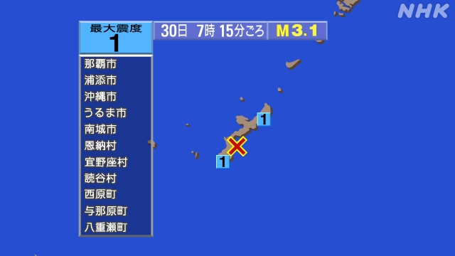 7時15分ごろ、Ｍ３．１　沖縄本島近海 北緯26.3度　東経12