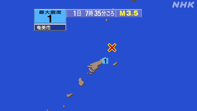 7時35分ごろ、Ｍ３．５　奄美大島近海 北緯28.8度　東経12
