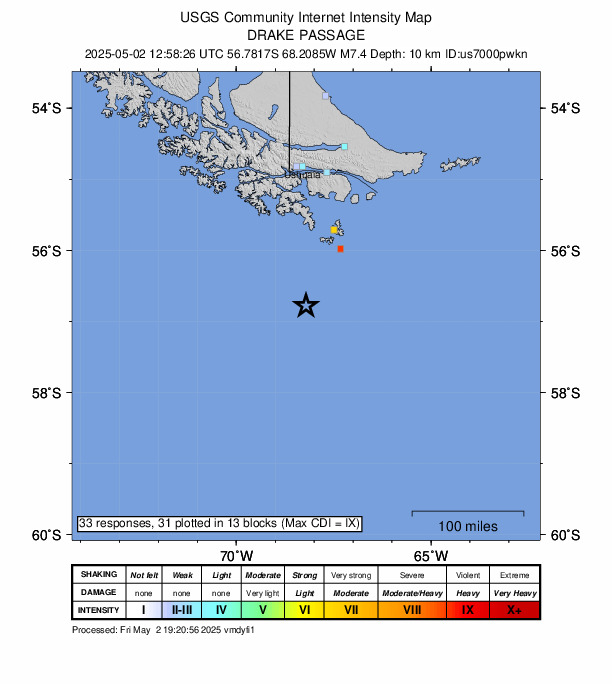 21時58分26秒　Ｍ７．５→Ｍ７．４　南米大陸南方沖ドレーク海