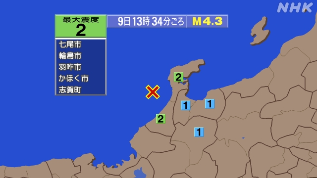 13時34分ごろ、Ｍ４．３　石川県西方沖 北緯36.9度　東経1