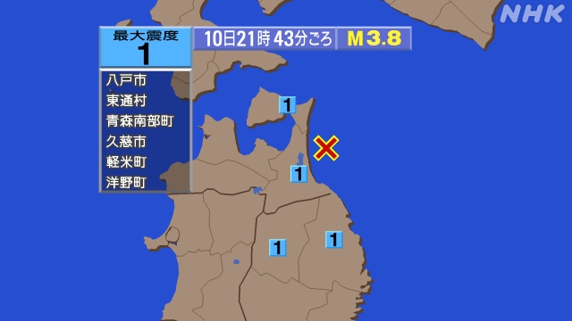 21時43分ごろ、Ｍ３．８　青森県東方沖 北緯40.9度　東経1