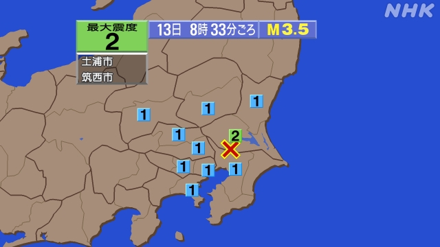 8時33分ごろ、Ｍ３．５　茨城県南部 北緯35.9度　東経140