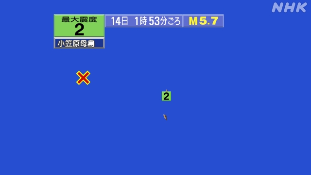 1時53分ごろ、Ｍ５．７　小笠原諸島西方沖 北緯27.4度　東経