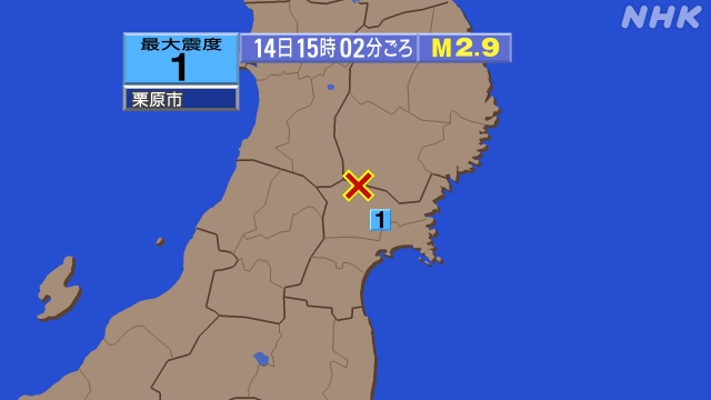 15時2分ごろ、Ｍ２．９　宮城県北部 北緯38.9度　東経140