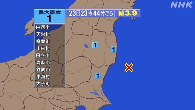 23時44分ごろ、Ｍ３．９　茨城県沖 北緯36.8度　東経141