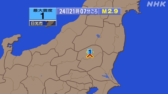 21時7分ごろ、Ｍ２．９　栃木県北部 北緯36.8度　東経139