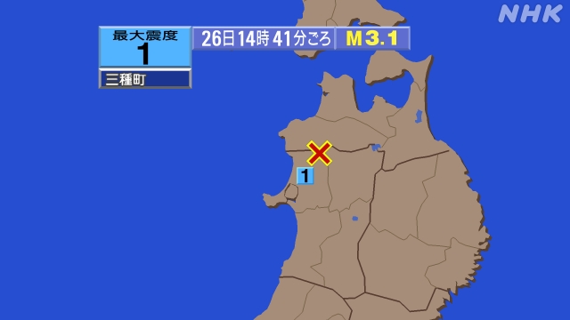 14時41分ごろ、Ｍ３．１　秋田県沿岸北部 北緯40.4度　東経