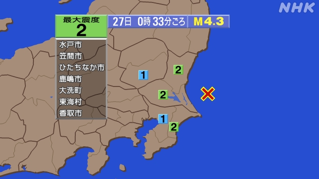 0時33分ごろ、Ｍ４．３　茨城県沖 北緯36.1度　東経141.