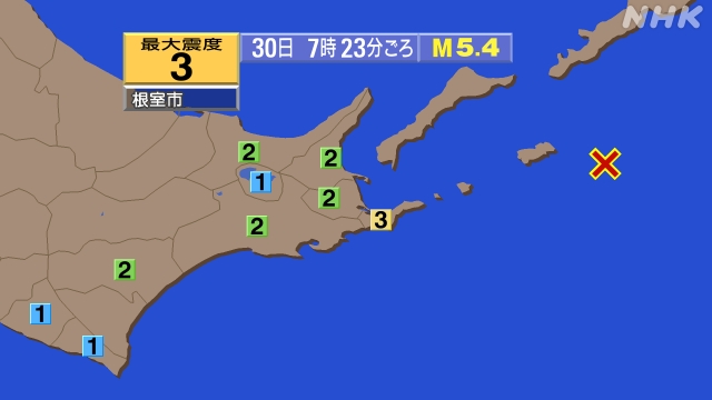 7時23分ごろ、Ｍ５．４　北海道東方沖 北緯43.7度　東経14