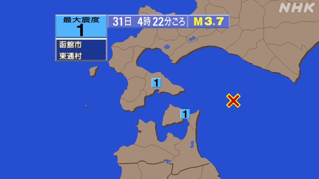 4時22分ごろ、Ｍ３．７　浦河沖 北緯41.6度　東経142.1