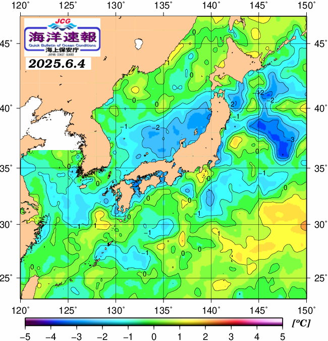 ６月４日の、海水表面温度（平年比）、 https://www1.