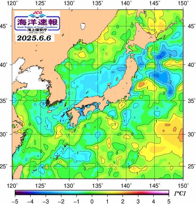 ６月６日の、海水表面温度（平年比）、 https://www1.