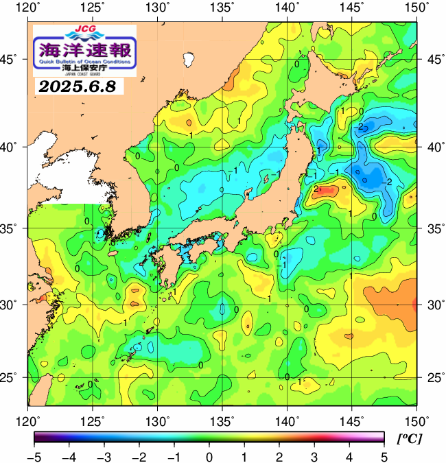 ６月８日の、海水表面温度（平年比）、 https://www1.