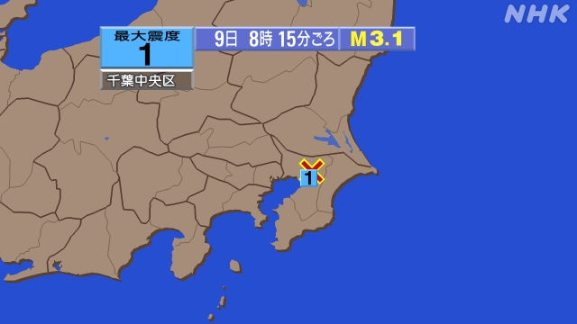 8時15分ごろ、Ｍ３．１　千葉県北西部 北緯35.7度　東経14