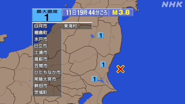 19時44分ごろ、Ｍ３．８　茨城県沖　 北緯36.4度　東経14
