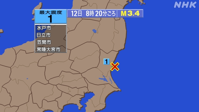 8時20分ごろ、Ｍ３．４　茨城県沖 北緯36.4度　東経140.