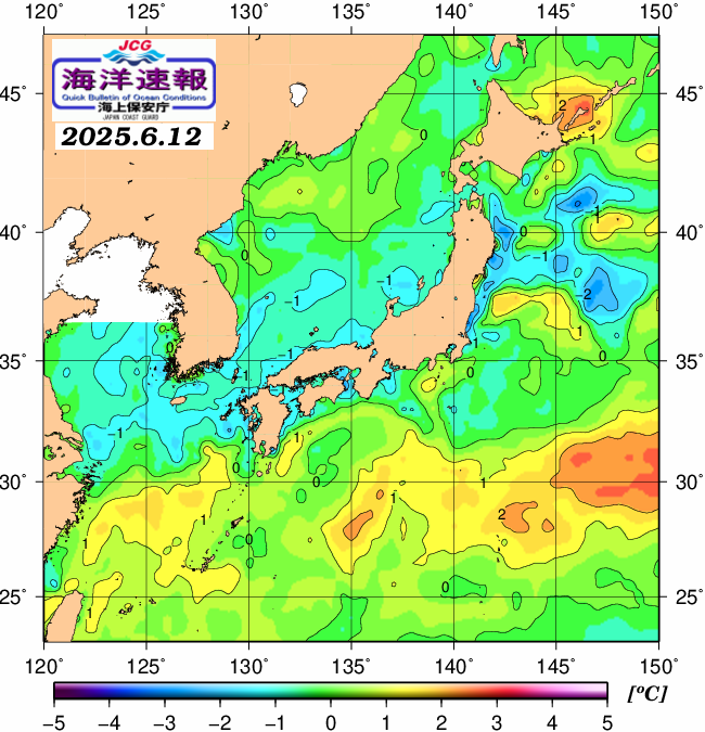 ６月１２日の、海水表面温度（平年比）、 https://www1