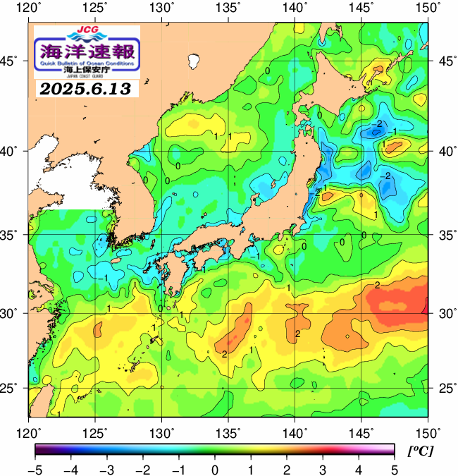 ６月１３日の、海水表面温度（平年比）、 https://www1