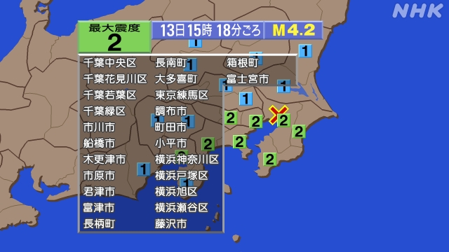 15時18分ごろ、Ｍ４．２　千葉県北西部 北緯35.7度　東経1