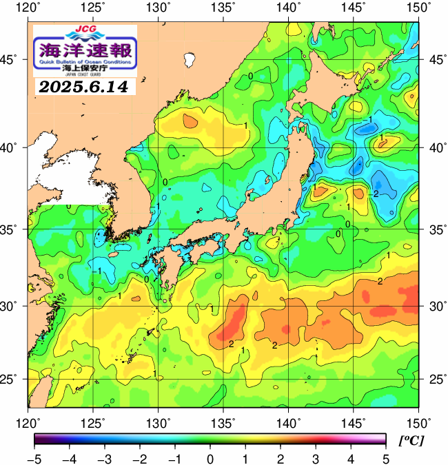 ６月１４日の、海水表面温度（平年比）、 https://www1