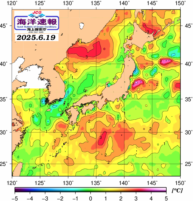 ６月１９日の、海水表面温度（平年比）、 https://www1