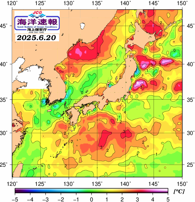 ６月２０日の、海水表面温度（平年比）、 https://www1