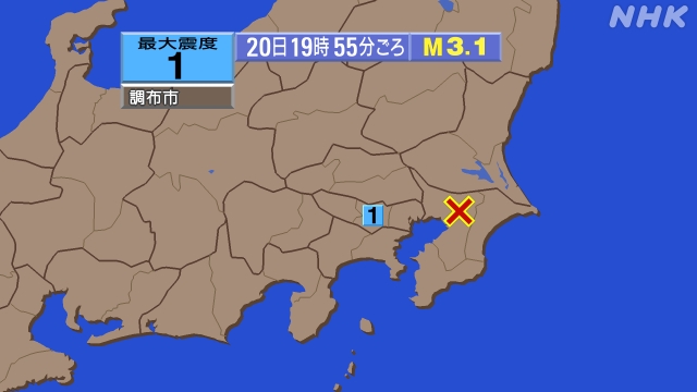 19時55分ごろ、Ｍ３．１　千葉県北西部 北緯35.7度　東経1