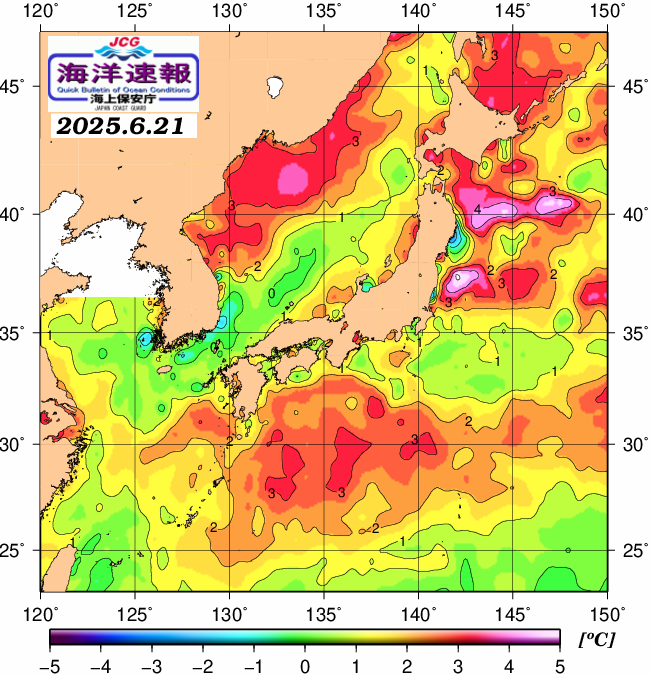 ６月２１日の、海水表面温度（平年比）、 https://www1