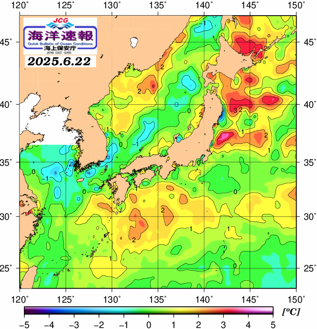 ６月２２日の、海水表面温度（平年比）、 https://www1
