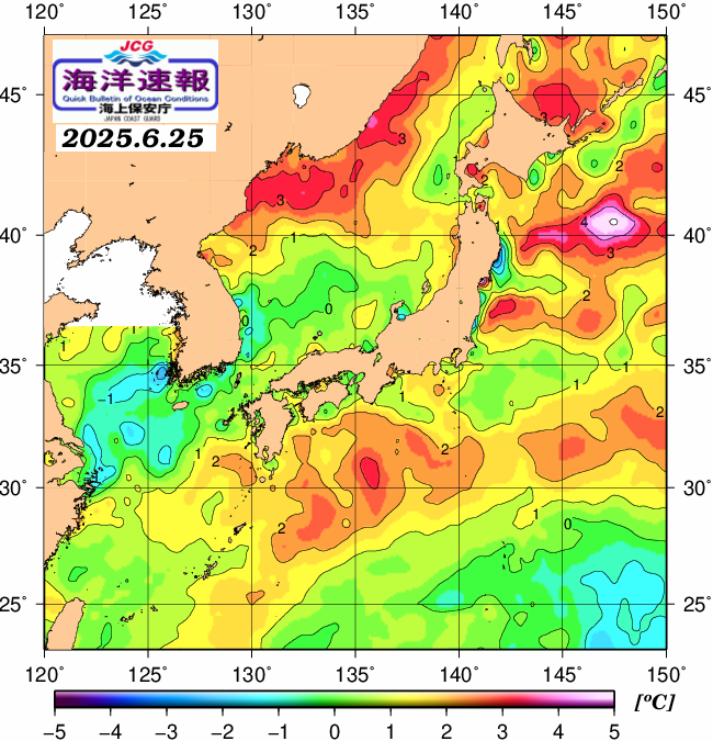 ６月２５日の、海水表面温度（平年比）、 https://www1
