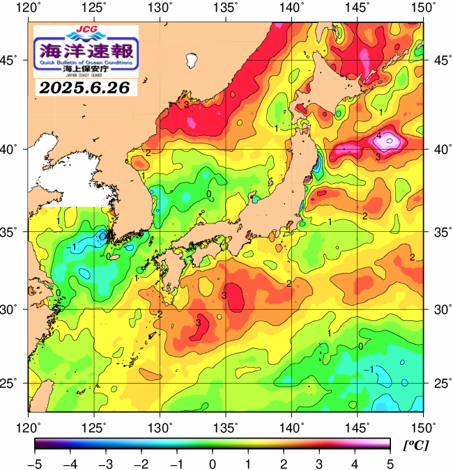 ６月２６日の、海水表面温度（平年比）、 https://www1