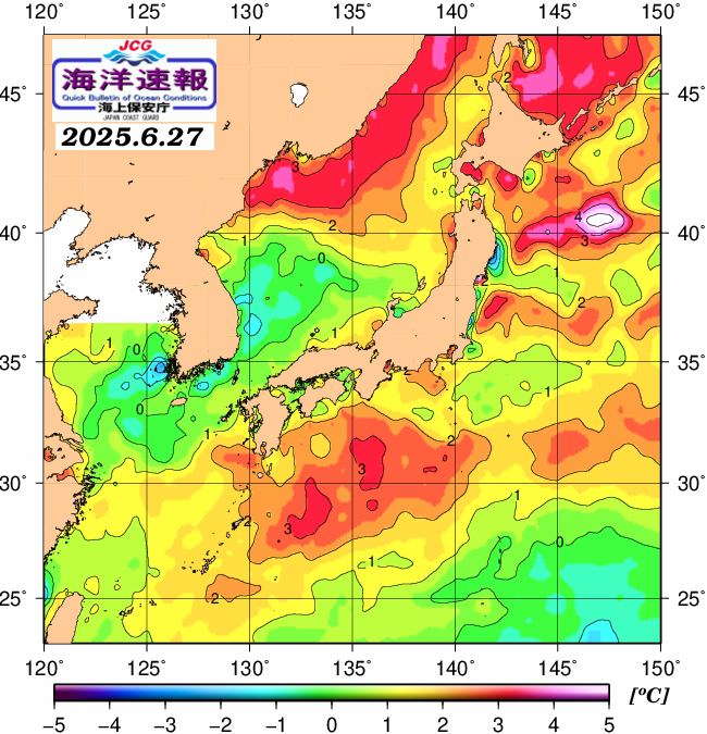６月２７日の、海水表面温度（平年比）、 https://www1