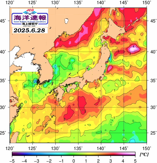 ６月２８日の、海水表面温度（平年比）、 https://www1