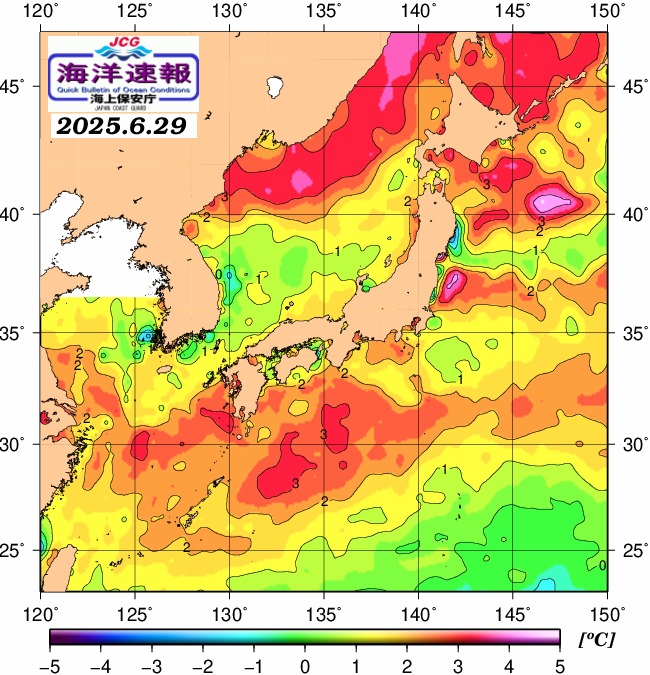 ６月２９日の、海水表面温度（平年比）、 https://www1