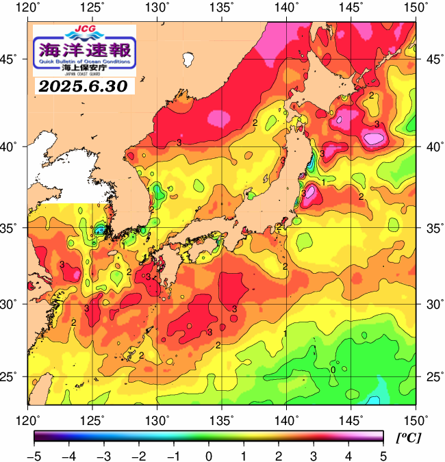 ６月３０日の、海水表面温度（平年比）、 https://www1