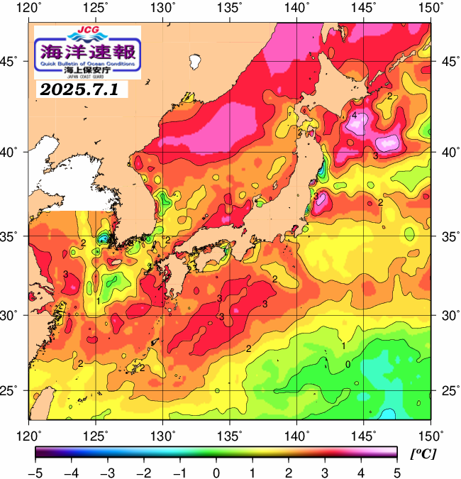 ７月１日の、海水表面温度（平年比）、 https://www1.