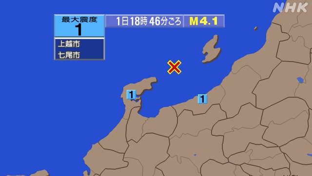 18時46分ごろ、Ｍ４．１　佐渡付近 北緯37.7度　東経137