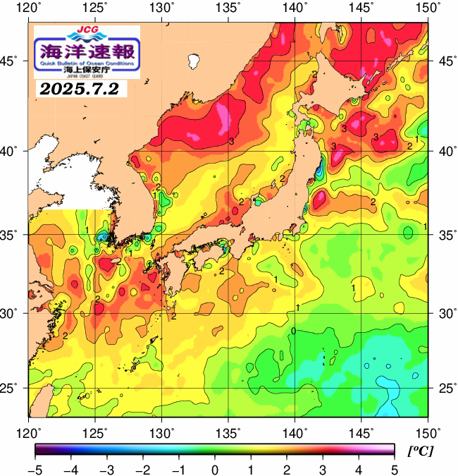 ７月２日の、海水表面温度（平年比）、 https://www1.