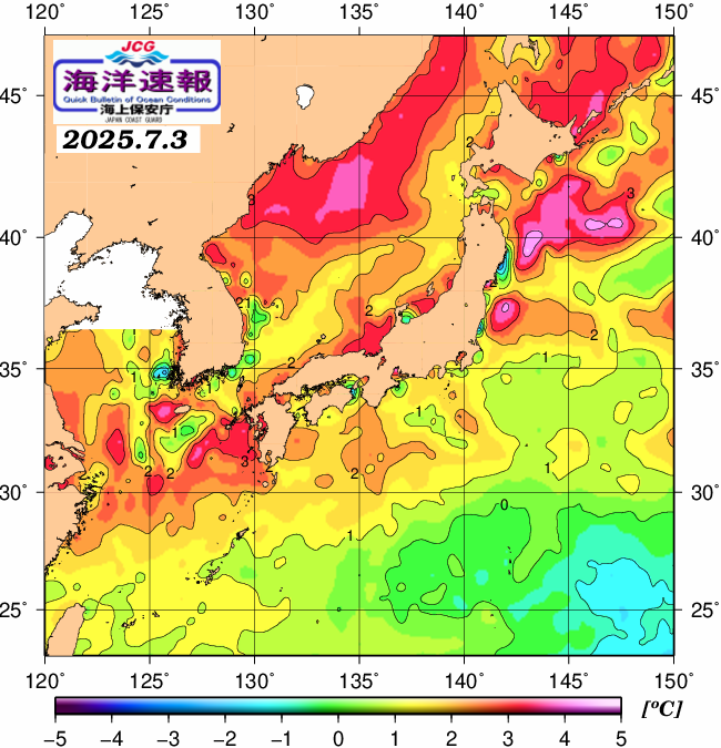 ７月３日の、海水表面温度（平年比）、 https://www1.