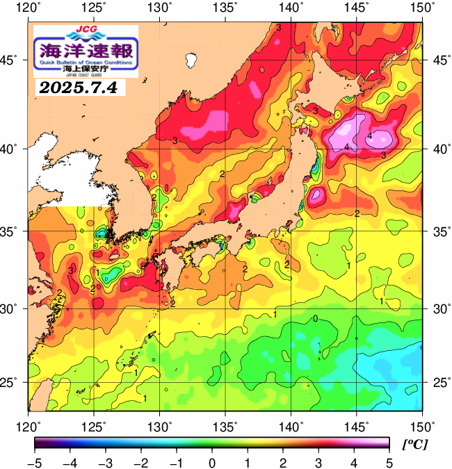 ７月４日の、海水表面温度（平年比）、 https://www1.