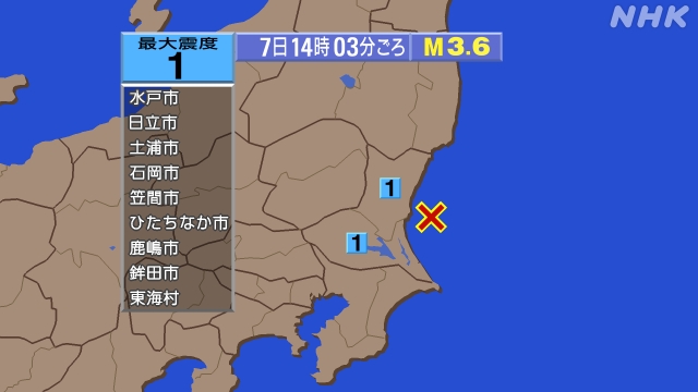 14時3分ごろ、Ｍ３．６　茨城県沖 北緯36.3度　東経140.
