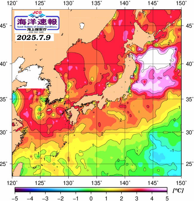 ７月９日の、海水表面温度（平年比）、 https://www1.