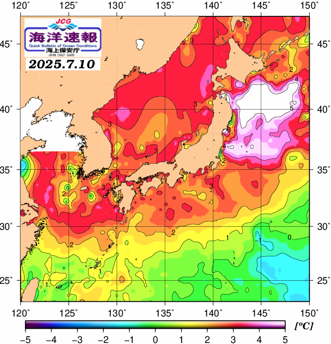 ７月１０日の、海水表面温度（平年比）、 https://www1