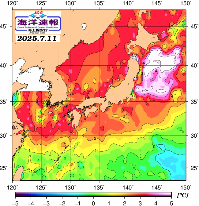 ７月１１日の、海水表面温度（平年比）、 https://www1