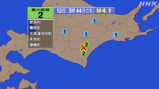 3時44分ごろ、Ｍ４．１　十勝地方中部 北緯42.7度　東経14