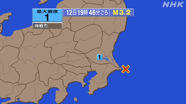 19時46分ごろ、Ｍ３．２　千葉県東方沖 北緯35.7度　東経1