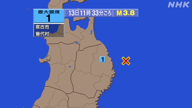 11時33分ごろ、Ｍ３．８　岩手県沖 北緯39.9度　東経142
