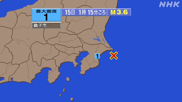 1時15分ごろ、Ｍ３．６　千葉県東方沖 北緯35.5度　東経14