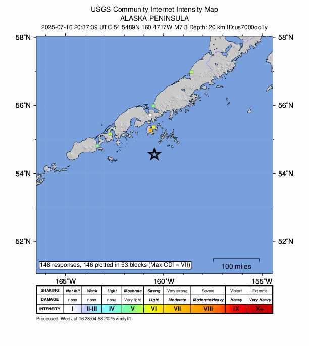 ＵＳＧＳ、5時37分39秒、Ｍ７．３　アラスカ州アリューシャン列
